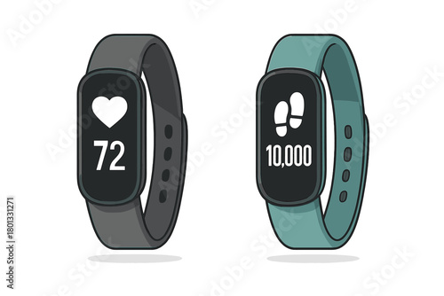 Wearable technology devices displaying health data like heart rate and steps walked on screen