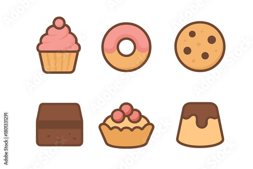 Set of sweet baked goods icons including cupcake, donut, cookie, brownie, and pudding