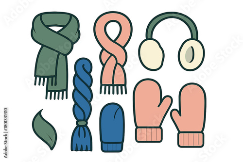 Knitted scarves, protective mittens, and cozy earmuffs set for cold weather