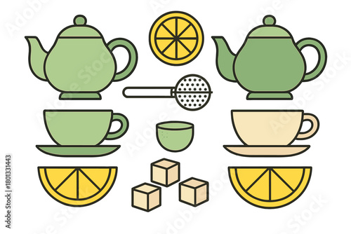 Set of tea essentials including teapots cups lemon slices sugar cubes and strainer arranged symmetrically