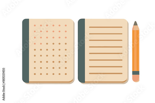 Two open notebooks, one dotted grid and one ruled lines, next to a wooden pencil