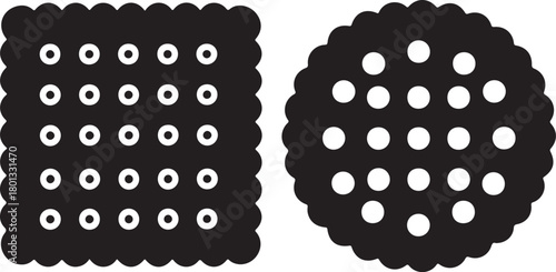 Two black silhouette cookie icons one square and one round with white dotted patterns on a white background on transparent background