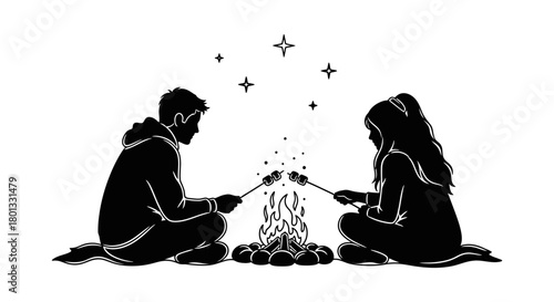 Couple roasting marshmallows campfire vector silhouette design
