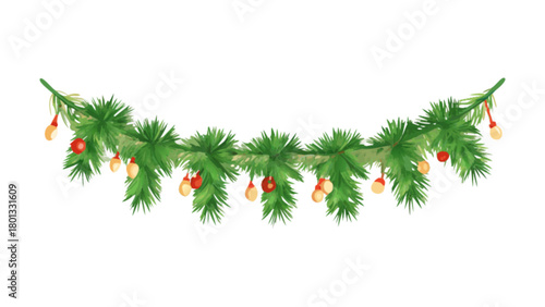 Christmas garland watercolor pine tree branch with ornaments holiday decoration vector design element illustration