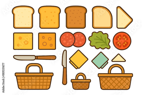 Ingredients and tools for making sandwiches and enjoying a picnic lunch