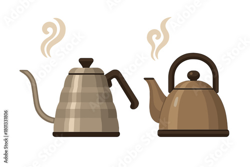 Steaming modern gooseneck pour over kettle and traditional stovetop teapot collection