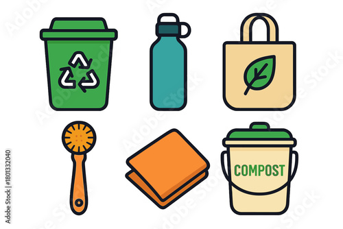 Sustainability symbols with recycling bin reusable shopping bag and compost bucket