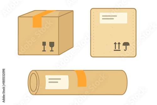 Assortment of brown cardboard shipping packages: square box, flat mailer, and rolled tube for delivery service