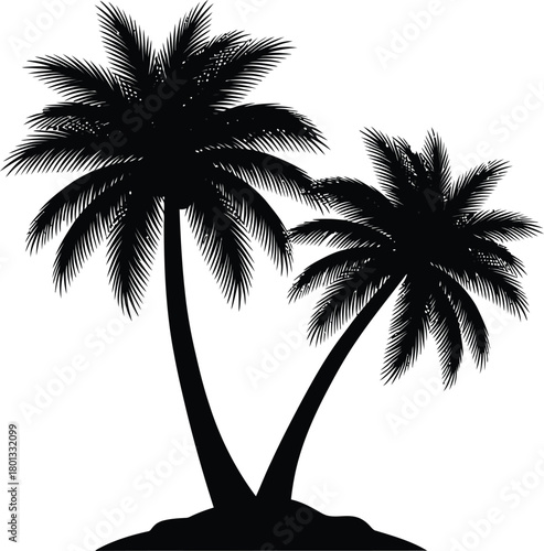Silhouette of two leaning palm trees against a white background representing a tropical island paradise