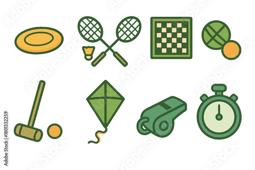 Recreational sports and leisure equipment icons including badminton, croquet, kite, and timer
