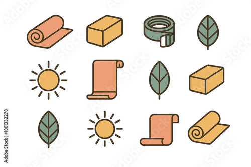 Set of stylized symbols representing yoga, wellness, fitness, mat, block, sun, leaf, and measurement