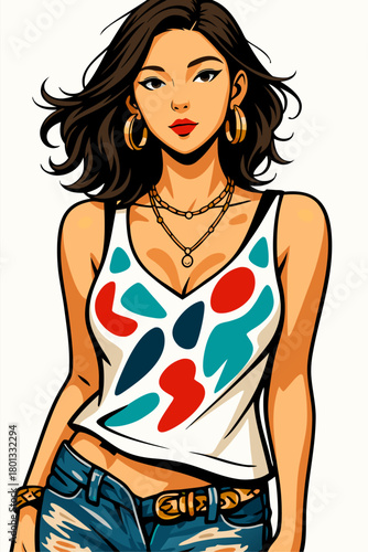 A confident woman wearing a colorful patterned dress with expressive posture and warm presence, capturing modern personality, style and the natural charm of independent character design