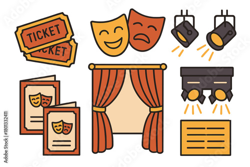 Set of theatrical performance symbols and drama elements like masks, tickets, stage curtains, and spotlights