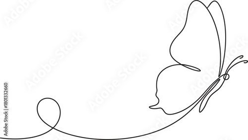 Elegant single line drawing of a butterfly in flight with a trailing line creating a sense of movement and grace