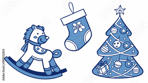 Christmas holiday vector art featuring rocking horse stocking and christmas tree clip art illustration