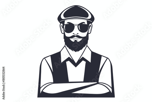 Bearded man wearing cap and shades looks confident with arms crossed across his chest