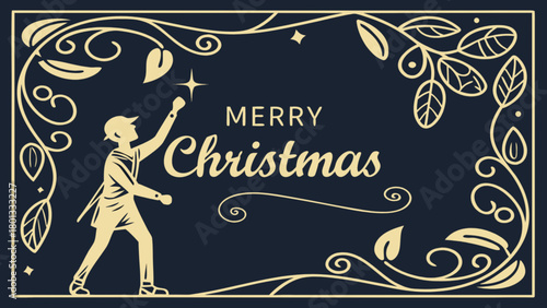 Merry christmas holiday season greeting card with gold floral frame and man reaching for star design