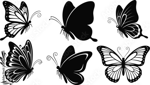 Collection of six detailed black and white butterfly silhouettes and line art illustrations