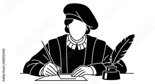 Manuscript writing quill pen inkwell historical vector illustration