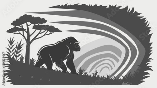 Gorilla silhouette in jungle landscape vector illustration wildlife animal design nature scene art 100char