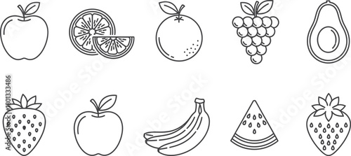 Collection of hand drawn outline fruit icons featuring apple banana strawberry avocado grapes kiwi and watermelon slices