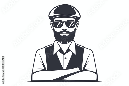 Bearded hipster in hat and sunglasses crosses his arms, looking confident and stylish