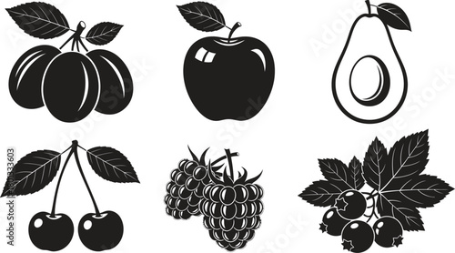 Collection of six stylized black and white fruit silhouettes isolated on a white background