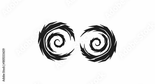 Two abstract black swirling vortex shapes against a white background, representing energy or motion.
