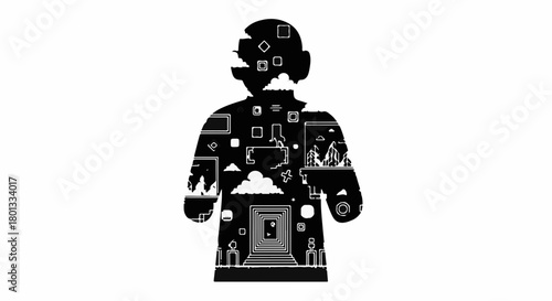 Abstract silhouette of a person filled with a surreal, dreamlike landscape and geometric shapes.