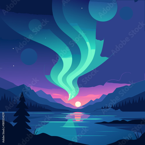 Colorful aurora night sky over mountain lake with glowing northern lights landscape scene