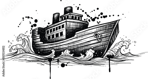 Steamship battles rough ocean waves, ink sketch nautical illustration, dramatic sea turbulence, vintage marine art, stylized drawing