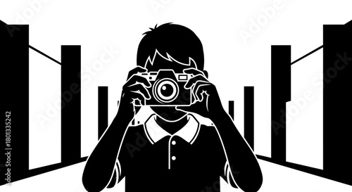 Illustration of photographer with camera taking photo vector art