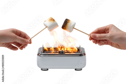 Home dessert scene with marshmallow being toasted in smores maker isolated on transparent background