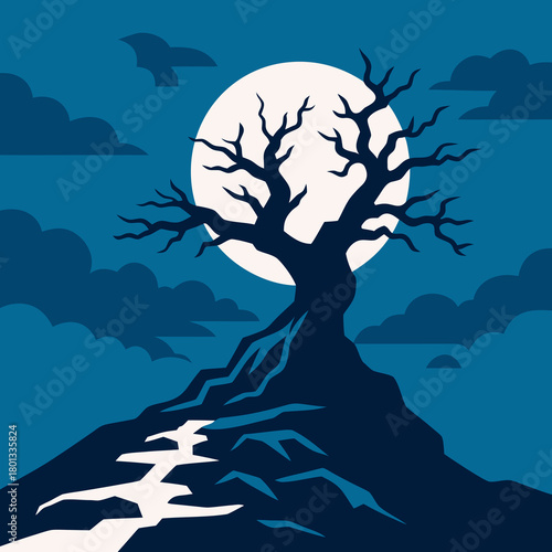 Twisted bare tree standing before a full moon in a cloudy night sky, dramatic dark scene that conveys solitude, mystery and eerie fantasy mood for seasonal and story themed artworks