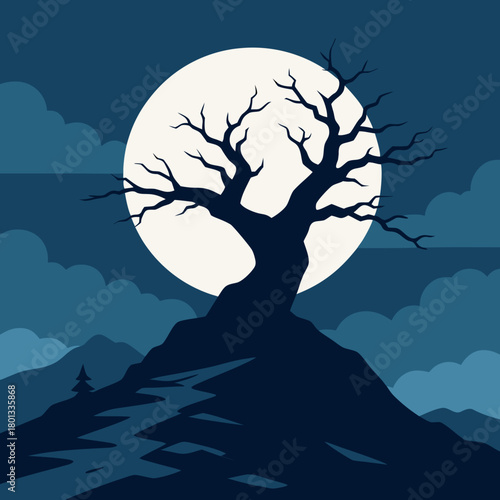 Lonely bare tree on hill silhouetted against a large full moon with layered clouds, dark moody night scene suitable for fantasy stories, mystery themes, posters and seasonal projects