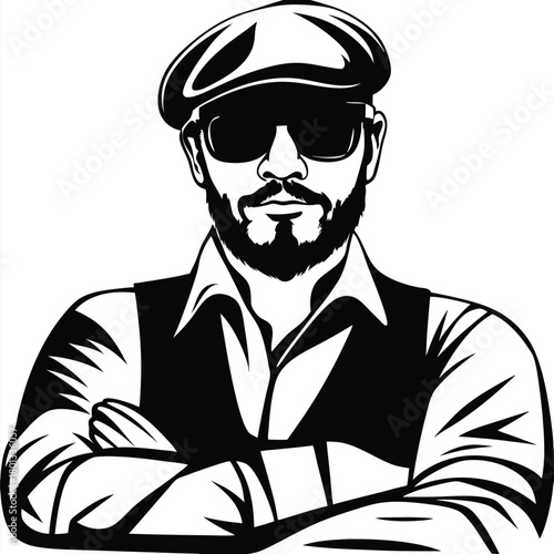 Bearded man in cap and sunglasses crosses arms, a confident black and white image