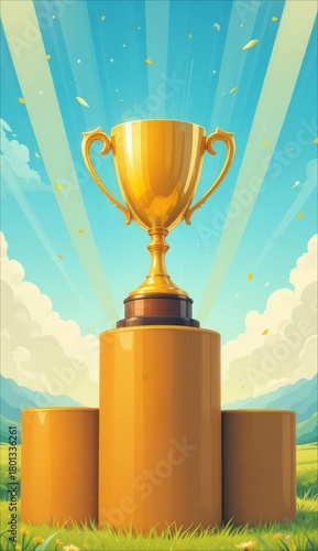 A golden trophy on a pedestal with a bright blue sky and rays of sunlight in the background. The scene symbolizes achievement and success.