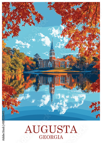Augusta Georgia vector illustration of a historic university building reflected in a calm lake, surrounded by vibrant red and orange autumn foliage under a blue sky.