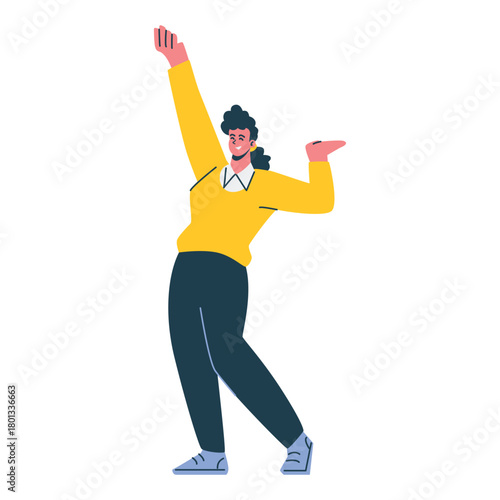 woman yellow shirt raised arm up 