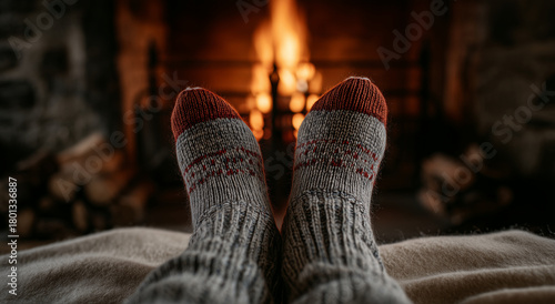 Cozy person in knitted socks resting by the warm holiday fireplace.