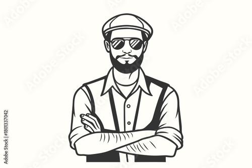 Bearded man wearing cap and sunglasses stands confidently with folded arms in simple line art