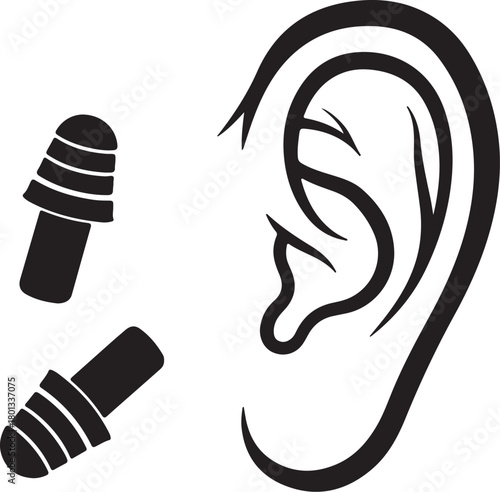 Human ear and two earplugs icon Keywords: ear, human ear, earplug, earplugs, hearing protection, sound, noise, protection, safety, medical, health, anatomy, body part, on transparent background
