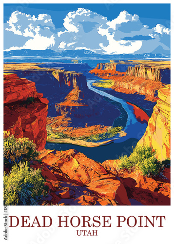 Dead Horse Point State Park, Utah, vector illustration of the scenic canyon landscape featuring red cliffs and the winding Colorado River below.