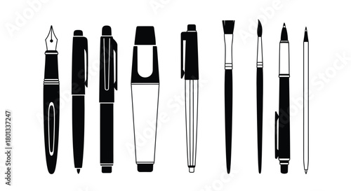 Vector illustration of pens and brushes drawing tools set art