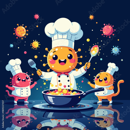 Cute space chef animals cooking soup in big pot, smiling characters with planets and stars, playful cosmic food concept perfect for kids designs and fun projects
