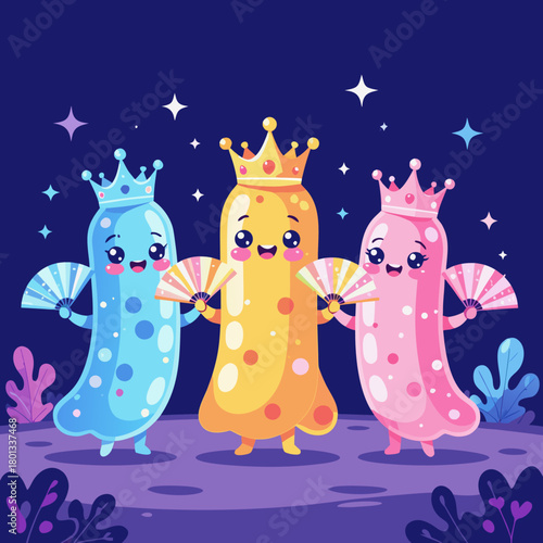Cute Royal Microbes Wearing Crowns in Vibrant Colors Standing Together in a Cheerful Playful Scene