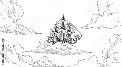 Surreal sailing ship, sky voyage, cloud fantasy, dream travel, nautical adventure, floating galleon, artistic illustration, whimsical journey, majestic atmosphere