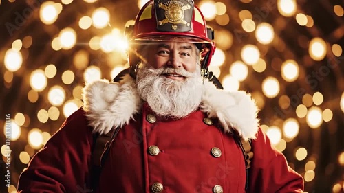 Smiling santa claus dressed as a firefighter wearing a helmet and red uniform with fur trim against a bokeh background of golden lights