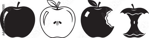 Sequence of apples from whole to eaten to core Keywords: apple, fruit, food, eating, bitten, core, whole, half, cut, seed, healthy, organic, fresh, natural, nutrition, on transparent background