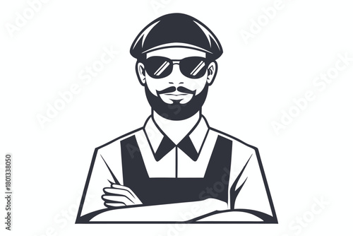 Bearded man wearing sunglasses and hat confidently crosses arms on a white backdrop